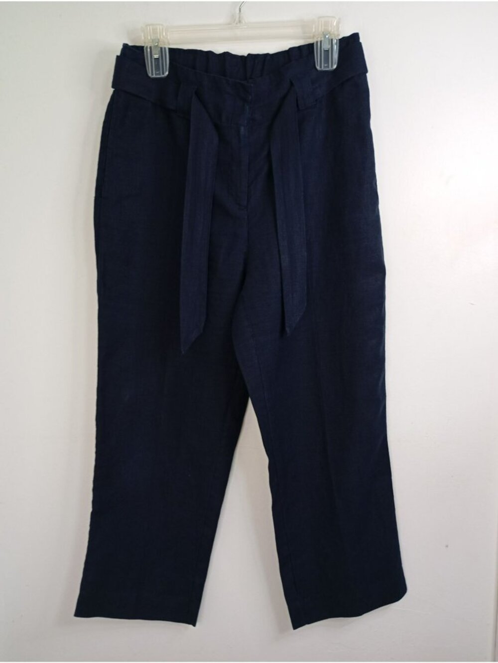Chicos Navy 100% Linen Tie-Waist Cropped Pants Size 6 Women